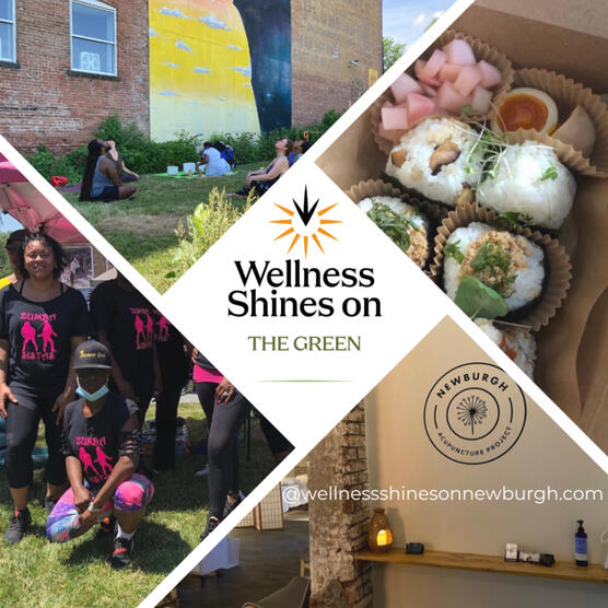 Graphic for "Wellness Shines on the Green" a health and wellness outdoor fair. Part of "Spring into Newburgh" event Produced by APG Palates Studio